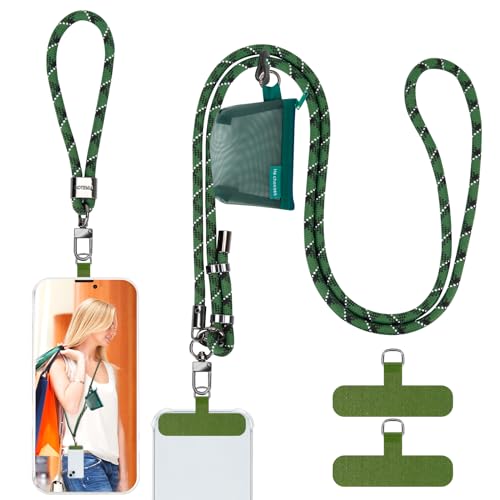 HOTEMIA Phone Lanyard and Wrist Straps, Adjustable Cell Phone Lanyard Crossbody with Detachable Wallet, 8mm Thick iPhone Lanyard for Around the Neck (Green+Wallet) - color: Green+wallet