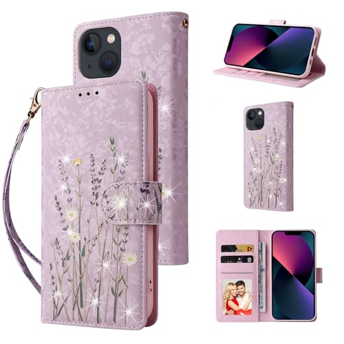 UEEBAI Wallet Case for iPhone 15, PU Leather Phone Cover Kickstand RFID Blocking Flip Case Card Slots Wrist Strap Relief Engraved Pattern Magnetic Closure Flower Folio Wallet, Lavender - color: Lavender, size: iPhone 15