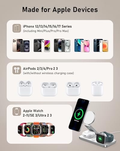 VBA 3 in 1 Wireless Charging Station for Apple MagSafe Charger,Foldable Fast Charging Magnetic Wireless Charger Stand,Travel Charger for iPhone 17 Air 16 15 14 13 12,Apple Watch,AirPods Pro(White) - color: White