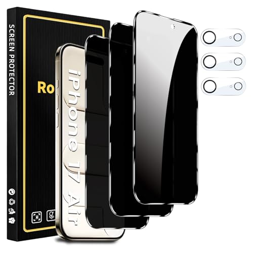Romkasi 3 Pack Privacy Screen Protector for iPhone 17 Air 6.5 Inch with 3 Pack Camera Lens Protector, Anti Spy Tempered Glass Film, Anti-Scratch, Touch Sensitive, Case Friendly - color: iPhone 17 Air