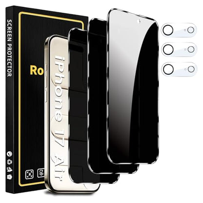 Romkasi 3 Pack Privacy Screen Protector for iPhone 17 Air 6.5 Inch with 3 Pack Camera Lens Protector, Anti Spy Tempered Glass Film, Anti-Scratch, Touch Sensitive, Case Friendly - color: iPhone 17 Air