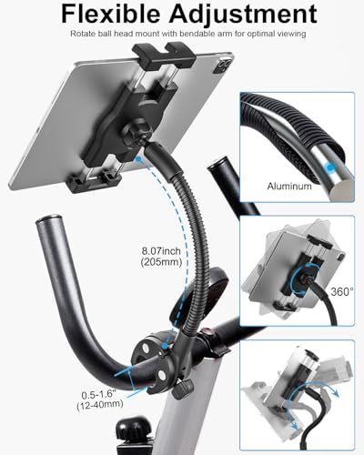 Gooseneck Treadmill Tablet Holder, Exercise Bike Handlebar Clamp for Spin Bike Peloton, Indoor Stationary Bicycle, Elliptical, Stroller for 4.7-13" iPad Pro Air Mini, Phone, Galaxy, Fire, Ebook