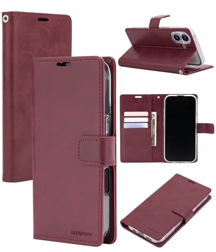 GOOSPERY Bluemoon Folio Wallet Case for iPhone 17, Flip Cover with Card Holder, Kickstand, Magnetic Closure, Shockproof TPU + PU Leather - Wine - color: Wine, size: iPhone 17