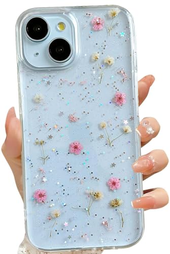 LSEEKA for iPhone 14 Plus/iPhone 15 Plus Clear Case with Real Flowers Design, Glitter Pink Floral Slim Soft TPU Protective Women's Phone Cover - color: Pink, size: for iPhone 14 Plus/ iPhone 15 Plus