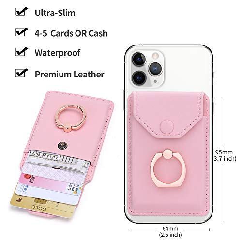 Cell Phone Card Holder RFID Ring Stand Stick on Wallet Card Holder for Back of Phone iPhone Android and All Smartphones Adhesive Credit Card Holder Pink - color: Pure Pink