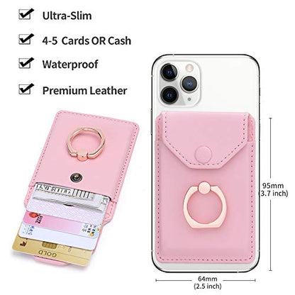Cell Phone Card Holder RFID Ring Stand Stick on Wallet Card Holder for Back of Phone iPhone Android and All Smartphones Adhesive Credit Card Holder Pink - color: Pure Pink