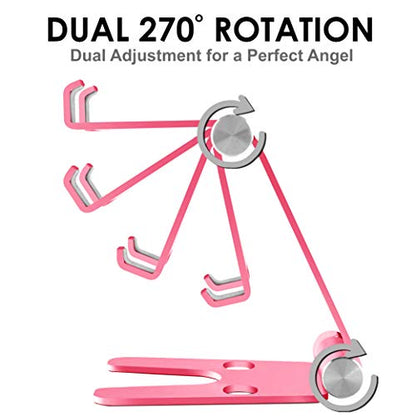 Fully Foldable Multi-Angle Aluminum Phone & Tablet Stand - Adjustable Dock Holder for Desk, Bed, Office, School, Kitchen, Travel - Portable Charger Station Organizer (Rose Gold, Foldable)