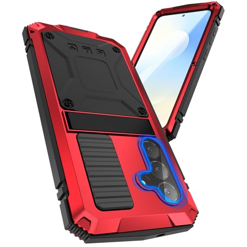 Simicoo for Samsung Galaxy S25 FE Metal Military Heavy Duty Case, Metallic Bumper Shockproof Dustproof Rugged Tough with Stand Screen Protector Camera Control Full Body Drop Protective Cover (Red) - color: Red