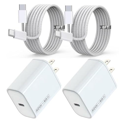 iPhone 17 Charger Fast Charging, 40W Dynamic Wall Charger with 60W Max,2Pack USB C Charging Block Power Adapter 6FT USB C Woven Cable Cord for iPhone 17 Pro Max/17 Air/16e/15 Plus,iPad Pro/Air/Mini - size: 2PACK 6ft