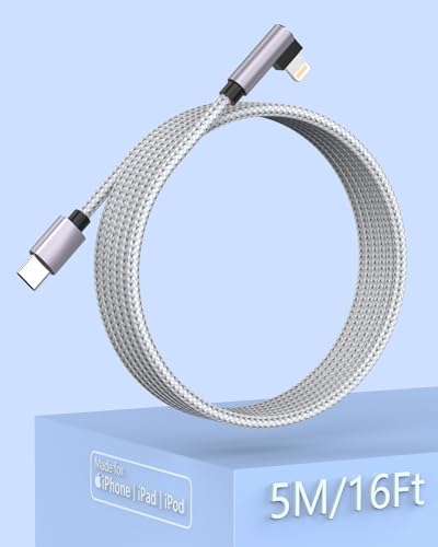 Extra Long USB C to Lightning Charger Cable 16FT/5M [Apple MFi Certified] Extra Long iPhone Cable Apple Charger Cable Nylon Braided 2.4A USB Lightning Cable for iPhone 14 13 12 11 Pro X XS Max XR - color: Grey