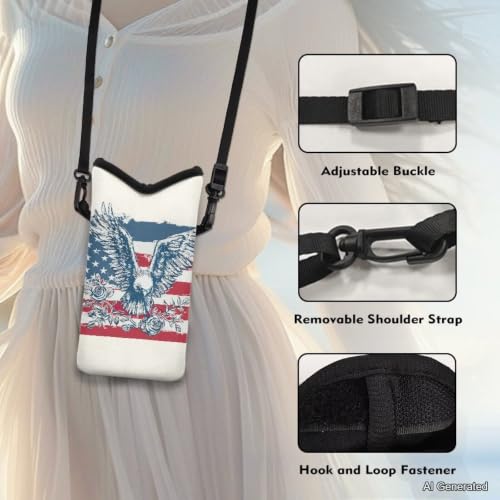 Cellphone Purse Bag with Adjustable Strap Water-Resistant Shockproof Crossbody Mini Shoulder Handbags Portable Phone Sleeve Case for Women, 8 x 4 Inch, American Flag Eagle Rose White - color: American Flag Eagle Rose White