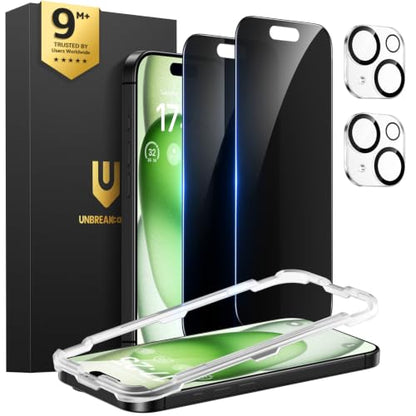 UNBREAKcable iPhone 15 Plus Privacy Screen Protector 2-Pack, Upgraded Dual-Tempered Glass + 2 Camera Lens Protectors, 25° Anti-Spy, Military-Grade 9H+, HD Clear, Anti-Fingerprint, 6.7 Inch - size: iPhone 15 Plus