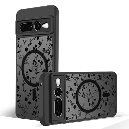 Magnetic Case for Google Pixel 7 Pro [Compatible with MagSafe] Cute Black Flower Floral Pattern Case for Women Girls Soft TPU Bumper Hard PC Back Anti-Fall Shockproof Protective Slim Cover A9 - color: Flower Branch 2, size: Google Pixel 7 Pro