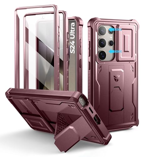 Dexnor for Samsung Galaxy S24 Ultra Case with Built-in Slide Camera Cover & Screen Protector & Kickstand,Shockproof Rugged Case Full-Body Bumper Protective Cover for Galaxy S24 Ultra (2024),Maroon Red | 2 Front Frames , Built-in Screen Protector & Kicksta
