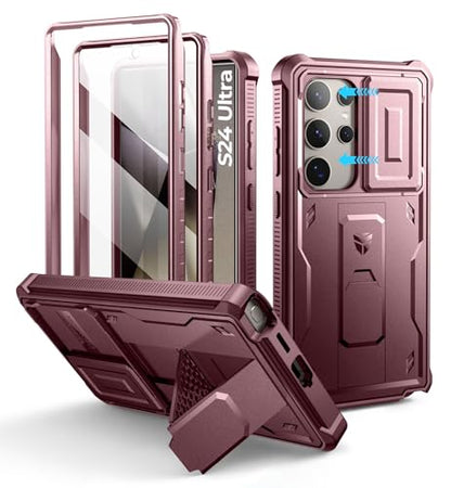Dexnor for Samsung Galaxy S24 Ultra Case with Built-in Slide Camera Cover & Screen Protector & Kickstand,Shockproof Rugged Case Full-Body Bumper Protective Cover for Galaxy S24 Ultra (2024),Maroon Red | 2 Front Frames , Built-in Screen Protector & Kicksta