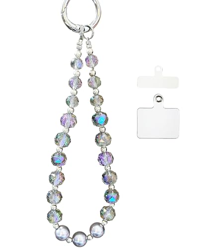 Sparkle Crystal Pearl Phone Wrist Strap for Women, Sparkling Beaded Cellphone Lanyard Chain - color: Purple