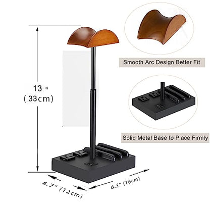 CASTLELIFE Headphone Stand Desktop Gaming Headset Holder with 2 AC Outlets and USB C&A Ports, Charging Station&Phone Stands, Wood Earphone Table Game Accessories for Desktop Gamer, Black