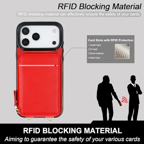 Bocasal Multi-Slot Crossbody Wallet Case for iPhone 17 Pro Max, Red | RFID Blocking PU Leather Purse Case with Card Holder, Handbag Flip Cover with Zipper Wrist Strap Lanyard for Women 6.9 Inch - color: Red