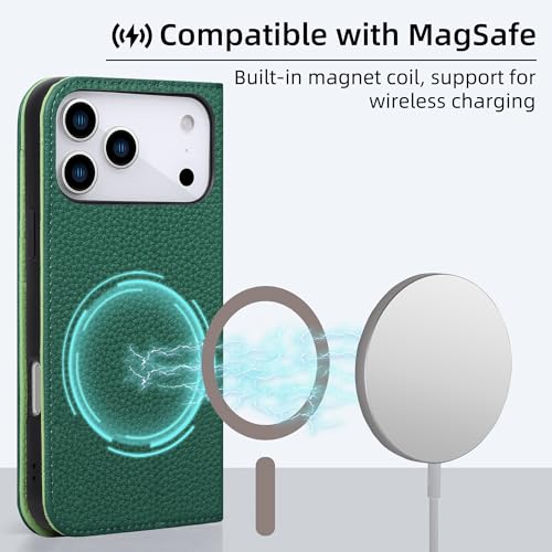 VISOUL Pebbled Leather Wallet Case for iPhone 17 Pro Max 6.9" 2025, Genuine Leather Flip Folio Cover with RFID Blocking Card Holders, Kickstand, Soft TPU Protective Flip Cover -Dark Green+Green - color: Dark Green+Green
