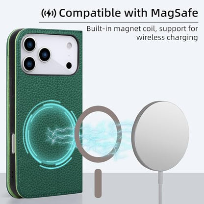 VISOUL Pebbled Leather Wallet Case for iPhone 17 Pro Max 6.9" 2025, Genuine Leather Flip Folio Cover with RFID Blocking Card Holders, Kickstand, Soft TPU Protective Flip Cover -Dark Green+Green - color: Dark Green+Green