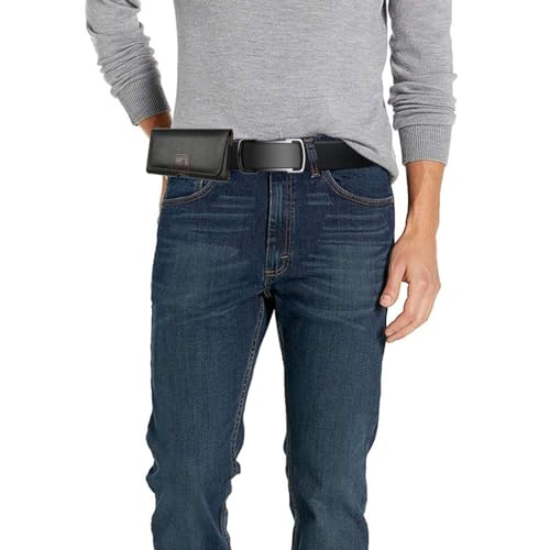 Leather Cell Phone Holster for T-Mobile REVVLRY+, REVVL 4, AT&T Fusion Z, Motivate, Jitterbug Smart3, Kyocera DuraSport 5G - Horizontal Case Waist Carrying Pouch with BeltClip/Loops, Black - size: Medium