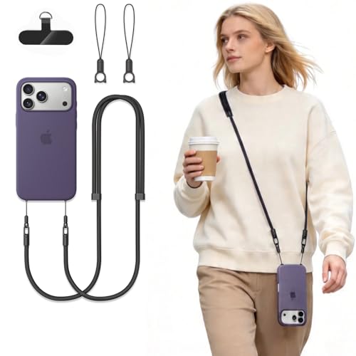 Phone Lanyard Phone Strap Crossbody Compatible with iPhone 17/Air/Pro/Max All Phone Cases with 2 Charms Dual Holes 1 TPU Tab 360° Hook Adjustable Hands-Free Shoulder Neck Camera Strap Anti Theft Black - color: A-black