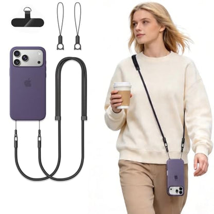 Phone Lanyard Phone Strap Crossbody Compatible with iPhone 17/Air/Pro/Max All Phone Cases with 2 Charms Dual Holes 1 TPU Tab 360° Hook Adjustable Hands-Free Shoulder Neck Camera Strap Anti Theft Black - color: A-black