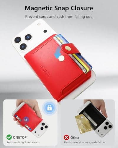 ONETOP for MagSafe Wallet,Magnetic Phone Wallet with 5 Card Slots,Red | 1-12 Cards/Cash Holder for iPhone 17/16/15/14/13/12 Series,Detachable Wallet Stick-On Back,PU Leather RFID Blocking Kickstand - color: Red