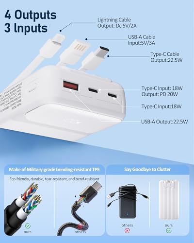 Portable Charger 20000mAh with Built-in Cables for iPhone/Android, 22.5W Fast Charging Power Bank, Lightweight External Battery Pack - color: Gray White