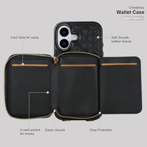 Bocasal Crossbody Wallet Case Card Holder for iPhone 17, Black | RFID Blocking PU Leather Zipper Handbag Purse, Kickstand Flip Folio Case with Card Slots Holder Wrist Strap Lanyard 6.3 Inch - color: Black