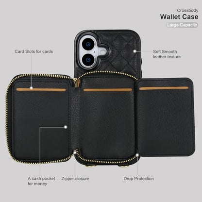 Bocasal Crossbody Wallet Case Card Holder for iPhone 17, Black | RFID Blocking PU Leather Zipper Handbag Purse, Kickstand Flip Folio Case with Card Slots Holder Wrist Strap Lanyard 6.3 Inch - color: Black