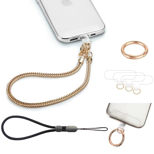 Phone Wrist Strap Phones Charm Hand Lanyard Metal Chain Detachable Adjustable Grip Wristlet Bracelet with 3 Patches Tether Universal for iPhone 16 Pro Max 15 14 Samsung Women Charms Gold - color: S-Gold
