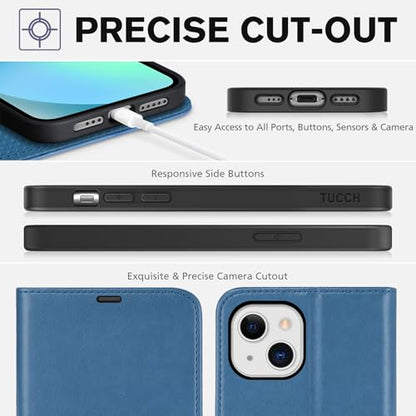 TUCCH Wallet Case for iPhone 13 (6.1") 2021, Flip Stand, Lake Blue | RFID Blocking, 3 Card Holders, Kickstand, PU Leather, Shockproof TPU Shell, Magnetic Closure, Protective Folio Cover - color: Blue (Light Blue)