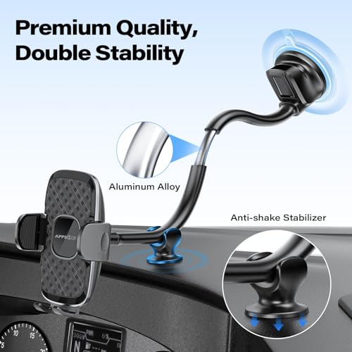 APPS2Car 14'' Gooseneck Car Truck Phone Holder, Windshield Phone Mount - color: Black Plaid + Extendable Foot Pad