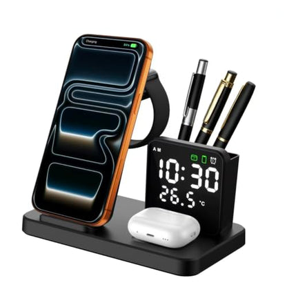 5 in 1 Wireless Charging Station with Alarm Clock Pen Holder, Fast Wireless Charger for iPhone 17/16/15/14/13/12/Pro/Max/Air, for iWatch & AirPods, Charger Stand with Temperature, Snooze Model Black - color: BLACK