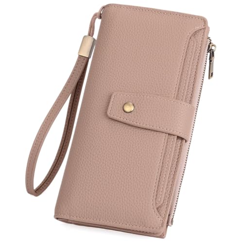 GAEKEAO Womens Wallet RFID Blocking Large Capacity Vegan Leather Card Holder Wristlet Clutch with 32 Card Slots 4 ID Windows - color: X04-Pink