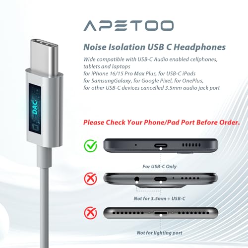 USB C Headphones for iPhone 18 Pro Max 17 16 15/Galaxy S26 FE Wired Earbuds - color: Sky-Grey