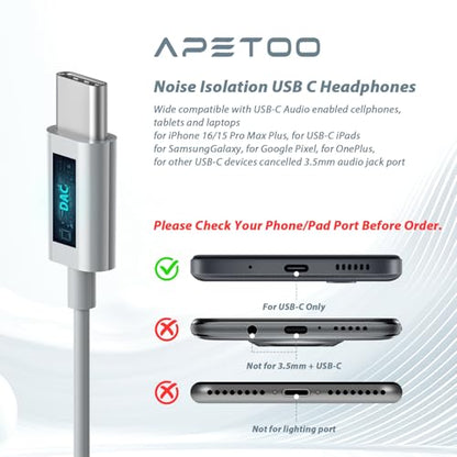 USB C Headphones for iPhone 18 Pro Max 17 16 15/Galaxy S26 FE Wired Earbuds - color: Sky-Grey