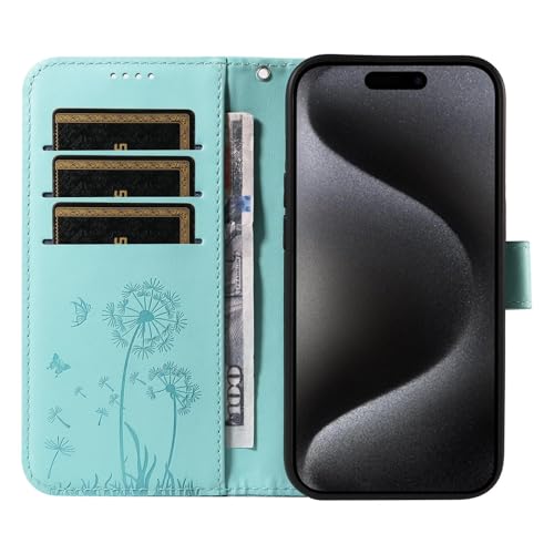 Wallet Case for iPhone 15 Pro with Wrist Strap Butterfly Flower Pattern Card Holders Slots Case Premium PU Leather Kickstand Magnetic Closure Shockproof Protective Flip Folio Cover