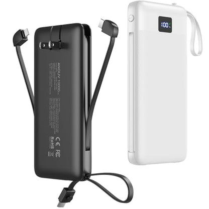 Portable Charger 10000mAh Power Bank w/Built-in 3 Cables & AC Wall Plug - color: Black+White