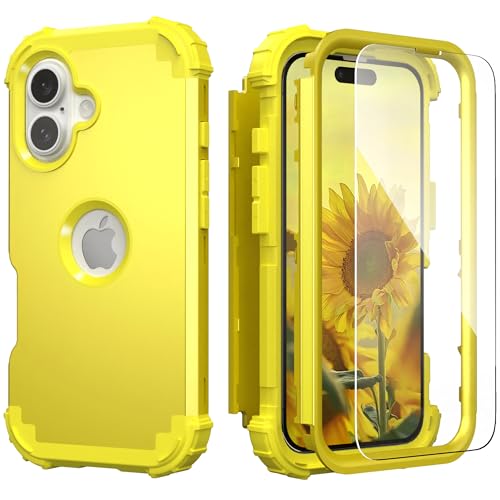 IDweel for iPhone 17 Case with Screen Protector, 3 in 1 Shockproof Slim Fit Hybrid Heavy Duty Hard PC Cover Soft Silicone Bumper Full Body Anti-Fingerprint Case, Yellow - color: Yellow