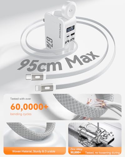 SUPERONE 67W Retractable Wall Charger with USB-C and Apple Cables 5-in-1 - color: White