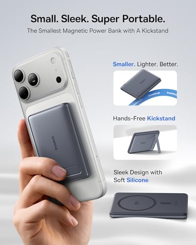 Baseus Picogo Power Bank, Smallest Qi2 Certified 15W MagSafe Portable Charger, 0.5" Ultra Slim 5000mAh Magnetic Battery Pack with Stand, Alloy Wireless Charger for iPhone 17 Pro Max/17 Air/17e Series - color: Grey