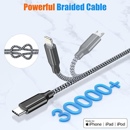 3 in 1 Multi Charging Cable 6ft 2Pack,MFi Certified fast charger cord - color: Grey/Black-6ft