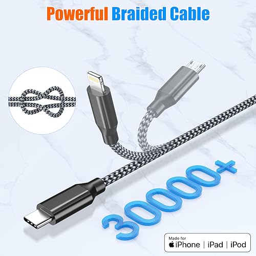 3 in 1 Multi Charging Cable 4ft 2Pack,MFi Certified fast charger cord - color: Grey/Black-4ft