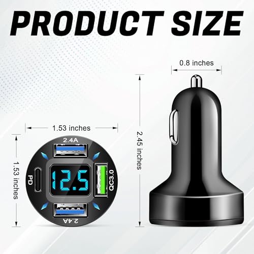 LivTee 4-Port Car Charger, 12-24V Cigarette Lighter Adapter with 3 USB & 1 USB-C Port, Supports QC/PD Fast Charging, Features Digital Display and LED Lights, Fits iPhone, Fits Samsung and More Phones