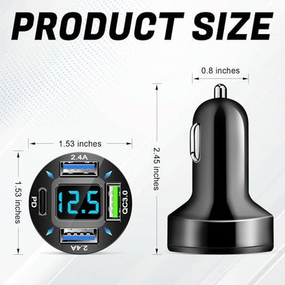 LivTee 4-Port Car Charger, 12-24V Cigarette Lighter Adapter with 3 USB & 1 USB-C Port, Supports QC/PD Fast Charging, Features Digital Display and LED Lights, Fits iPhone, Fits Samsung and More Phones