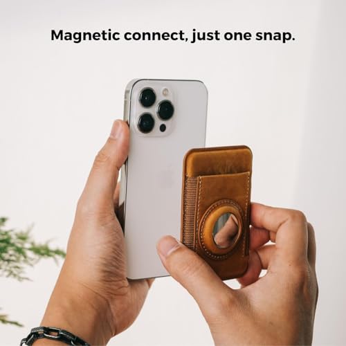 Magnetic Wallet Compatible with AirTag Holder, Genuine Crazy Horse Leather Magnetic Wallet. (Brown)