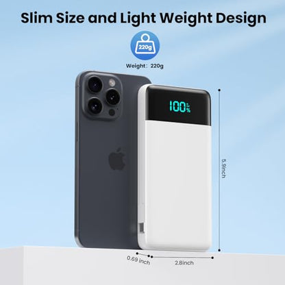 Portable Charger Power Bank for iPhone with Built-in Cables and AC Wall Plug, 13800mAh Ultra Slim Travel Essentials,USB C Fast Charging External Battery Pack for iPhone 17/16/13,Galaxy,Android-White - color: White