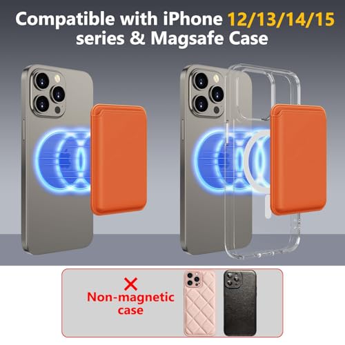 Compatible with MagSafe Wallet, Magnetic Phone Wallet 3 Cards Holder, 23 Magnets, Credit Card RFID Blocking, Slim Leather, Magnetic Wallets for iPhone 17/16/15/14/13/12 Series-Orange - color: Orange